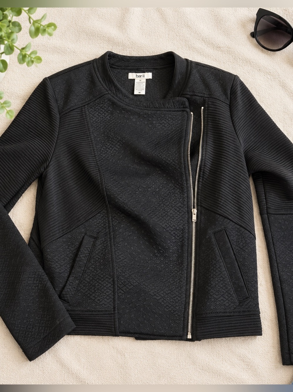 Bar III Black Textured Moto Jacket Size Medium Asymmetrical Zip